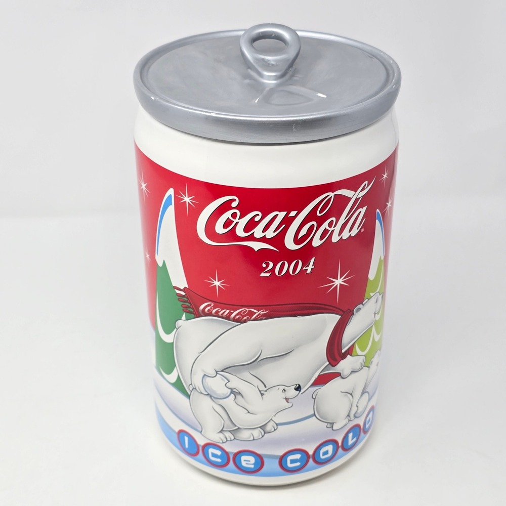 Vintage 2004 Coca-Cola Polar Bear Ceramic Cookie Jar Canister Houston Harvest